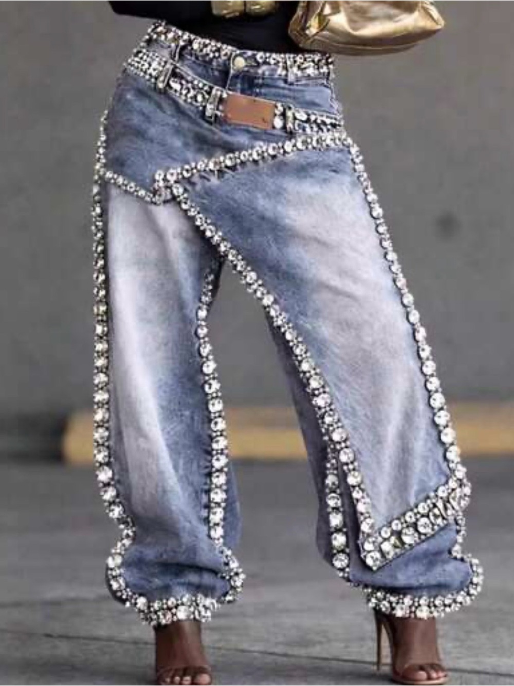 Embellished Light Blue Denim Jeans with Crystal Trim